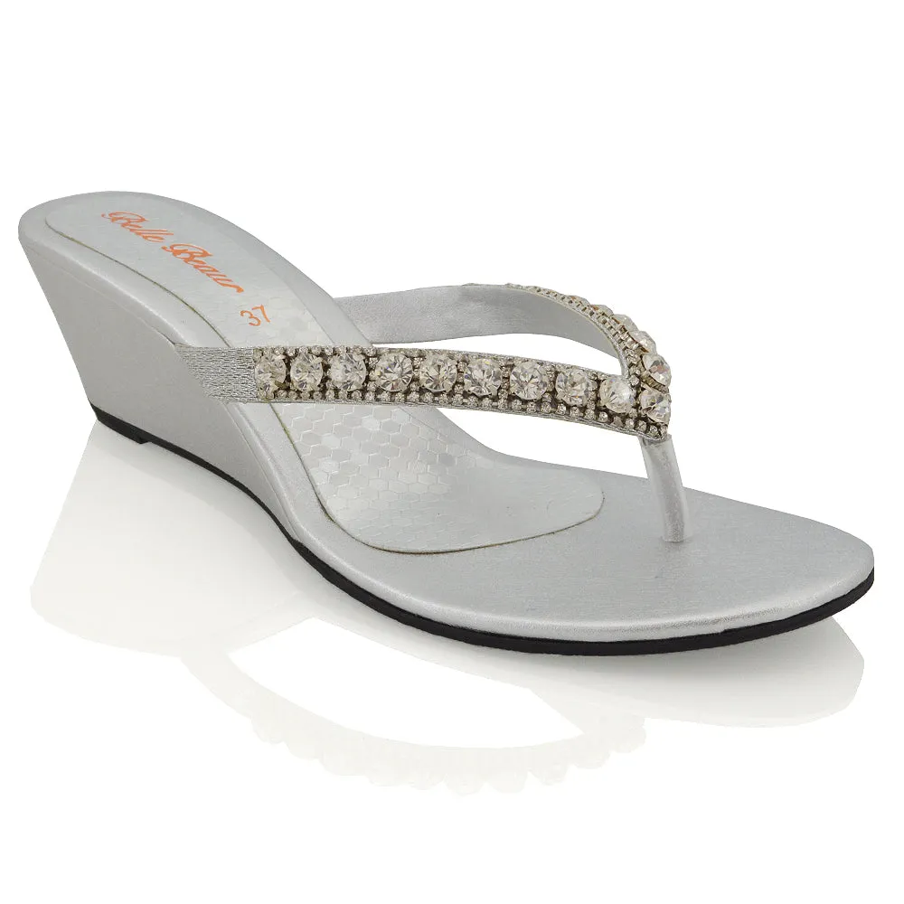 EVA THONG TOE POST STRAPPY SPARKLY GEM STONE DIAMANTE WEDGE SANDALS MID HEELS IN SILVER