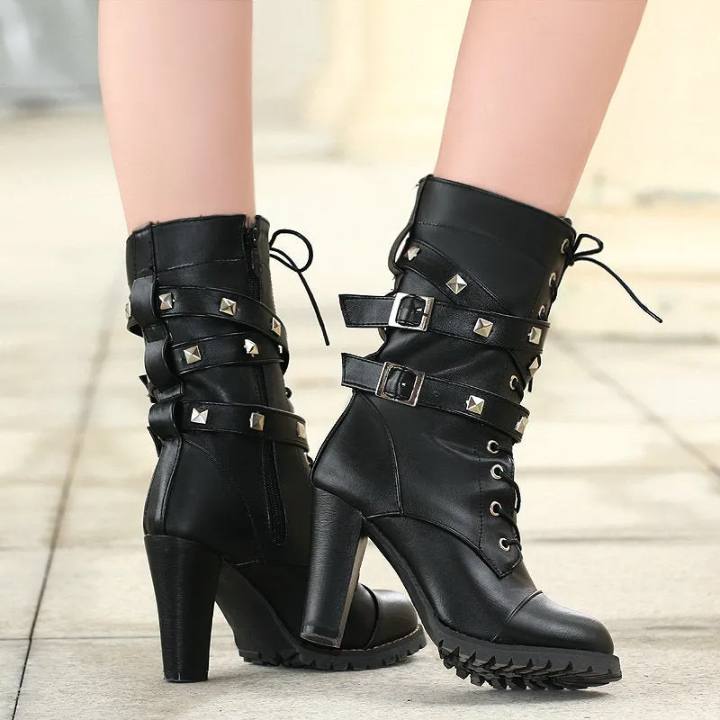 Rivets punk chunky high heels mid calf combat boots with buckle strap