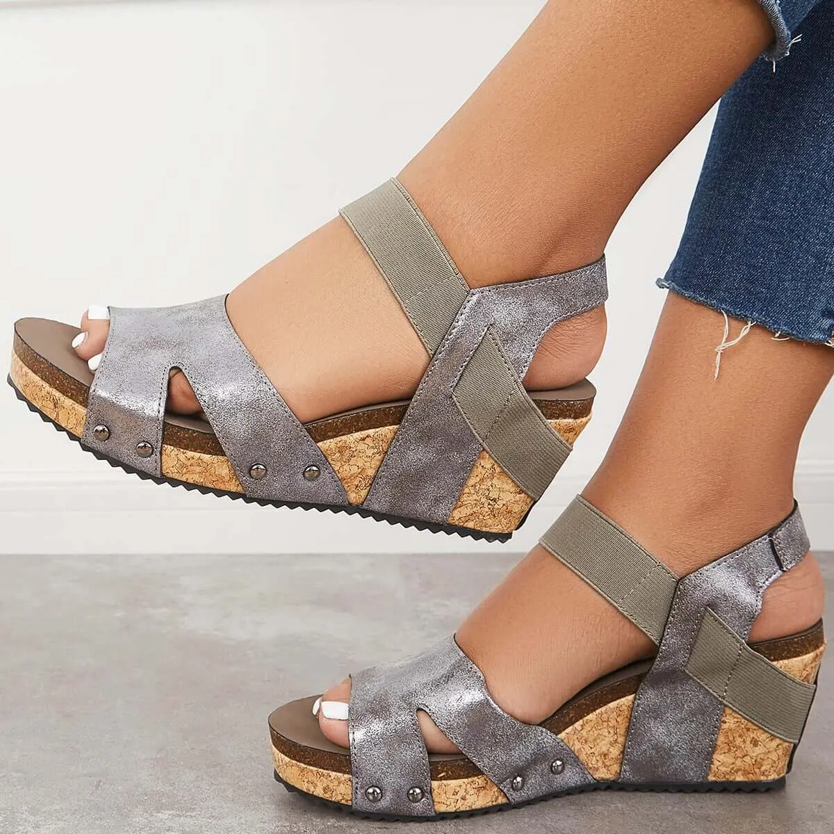 Sohiwoo  Women Sandals Platform Wedges Open Toe Cork Footbed Ankle Strap Sandals