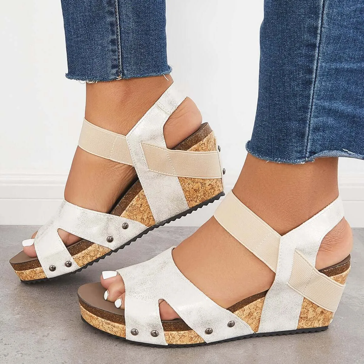 Sohiwoo  Women Sandals Platform Wedges Open Toe Cork Footbed Ankle Strap Sandals