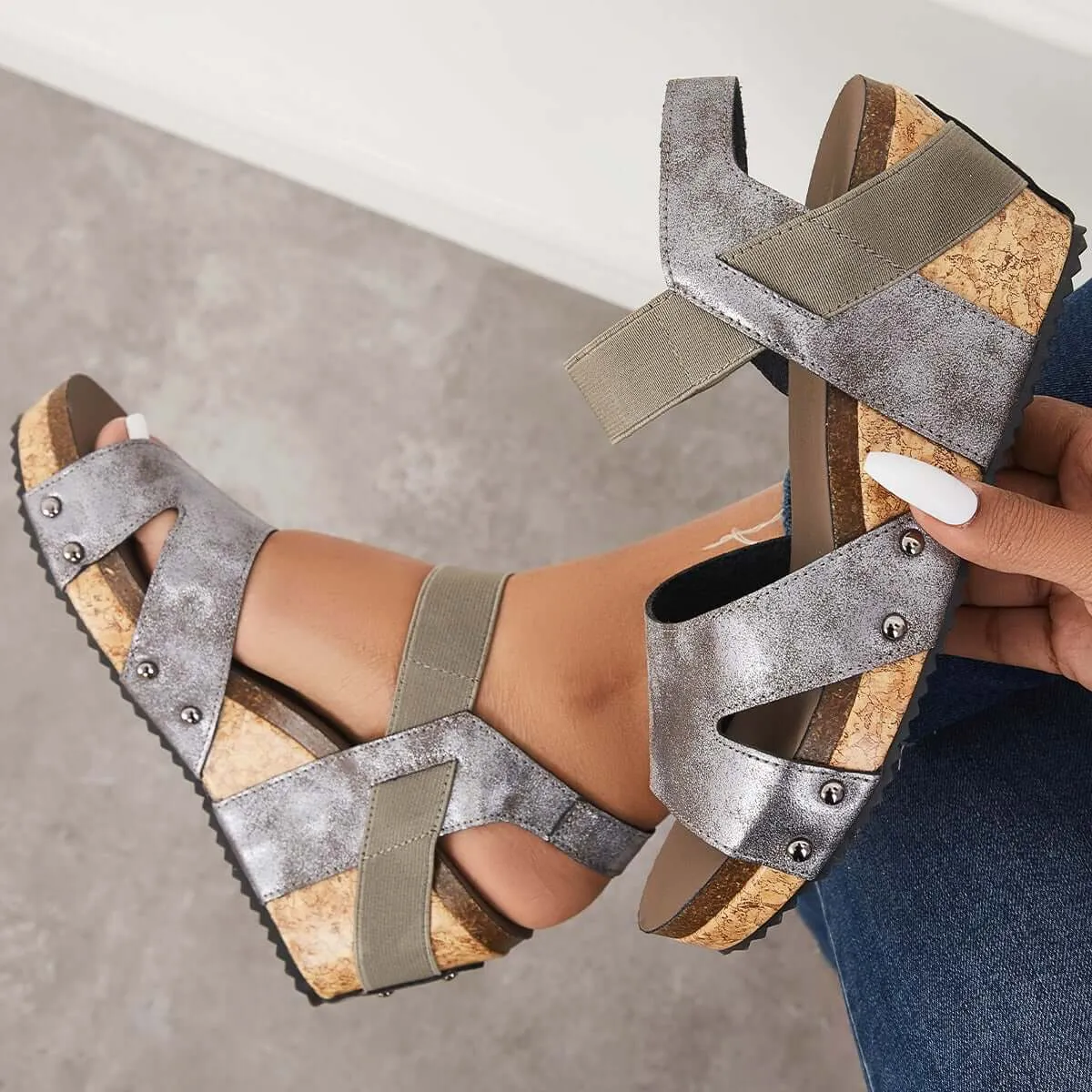 Sohiwoo  Women Sandals Platform Wedges Open Toe Cork Footbed Ankle Strap Sandals