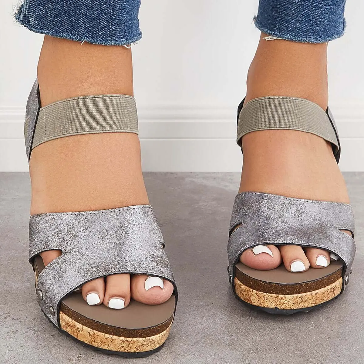 Sohiwoo  Women Sandals Platform Wedges Open Toe Cork Footbed Ankle Strap Sandals