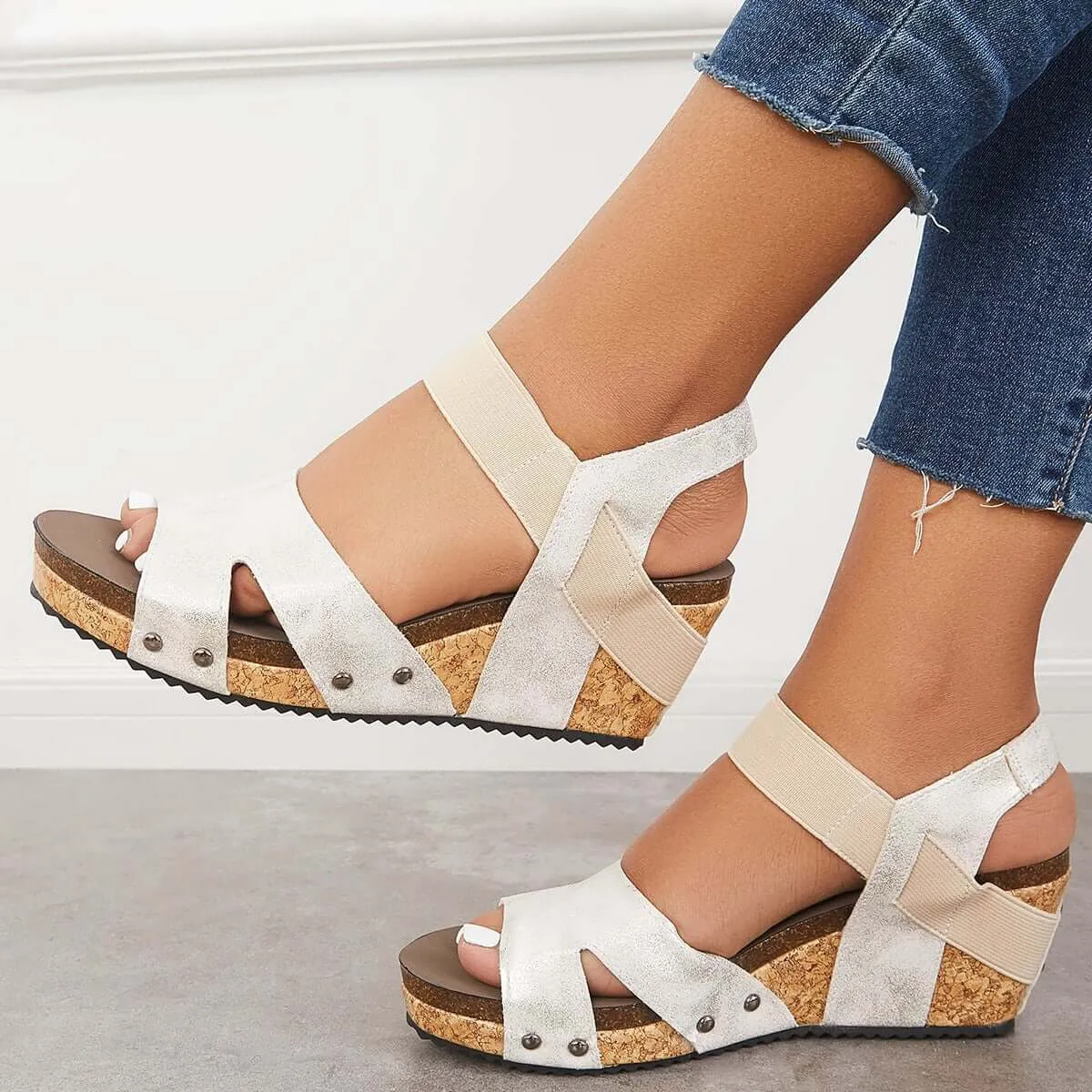 Sohiwoo  Women Sandals Platform Wedges Open Toe Cork Footbed Ankle Strap Sandals
