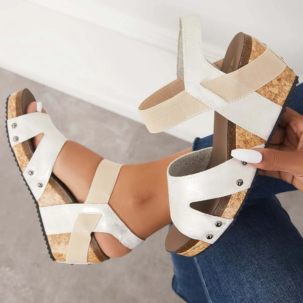 Sohiwoo  Women Sandals Platform Wedges Open Toe Cork Footbed Ankle Strap Sandals