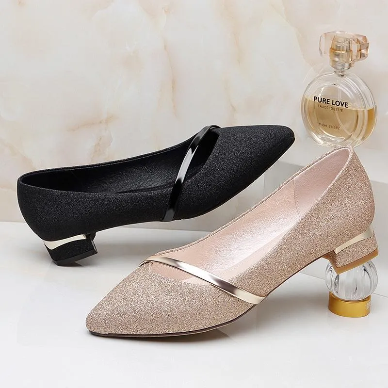 Women's low block heel pointed toe pumps elegant shallow heels